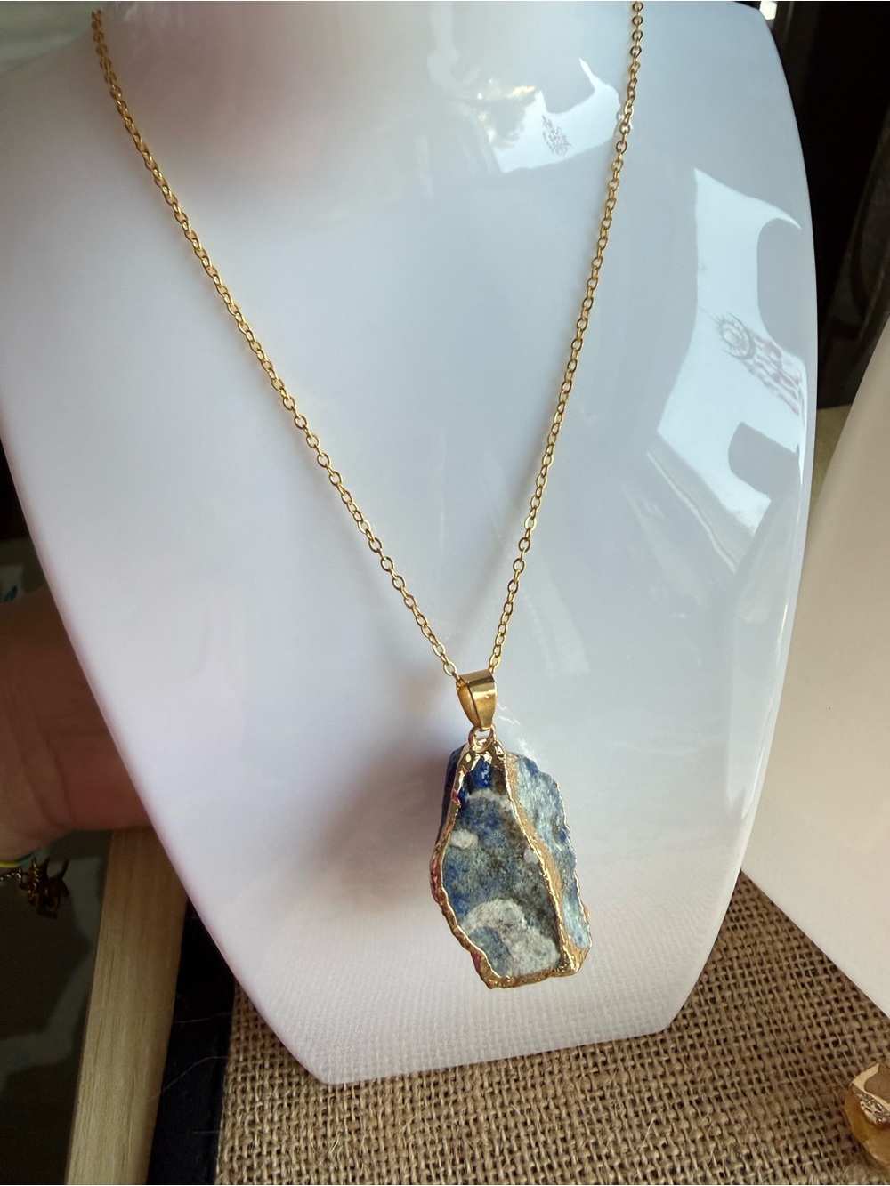 Gold-Trim Blue Natural Stone Pendant Necklace